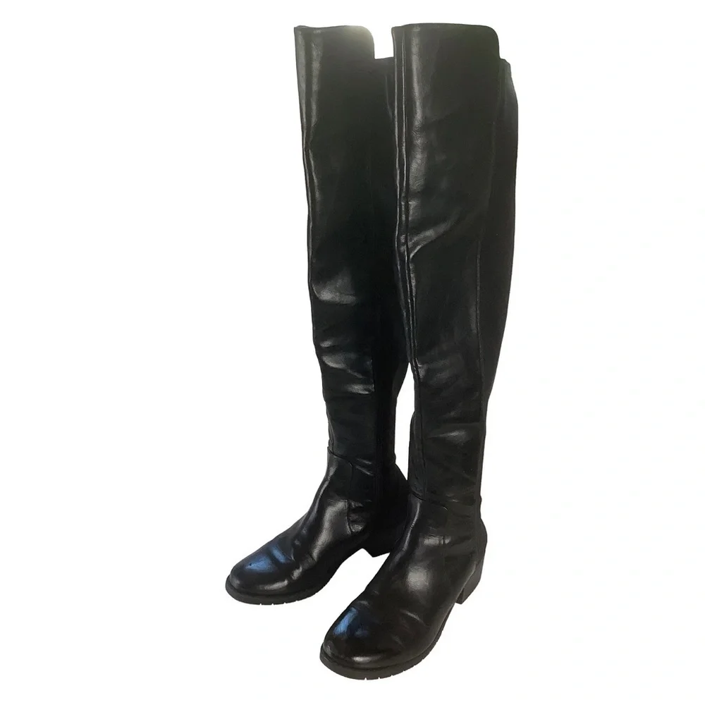Over the Knee Black Faux Leather Boots Size 9 Thigh High Chunky Heel Fall Trend
